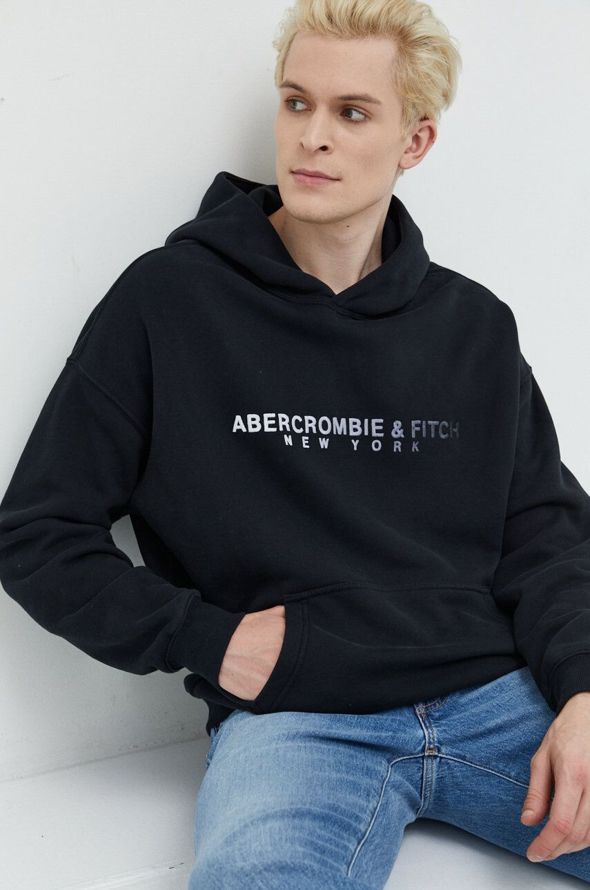 Abercrombie & Fitch Mikina pánská černá barva s kapucí hladká - Pepit.cz