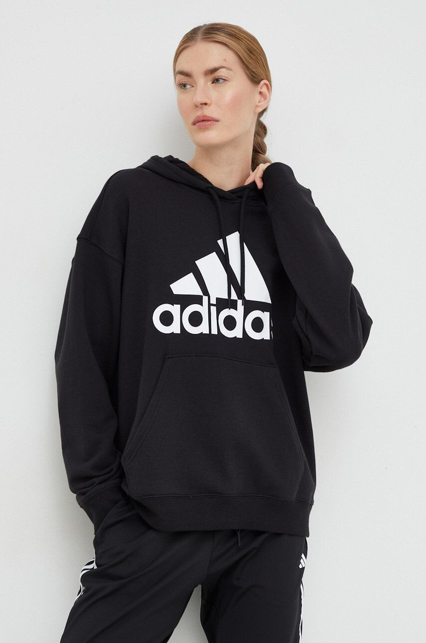 adidas Bavlněná mikina dámská černá barva s kapucí s potiskem - Pepit.cz