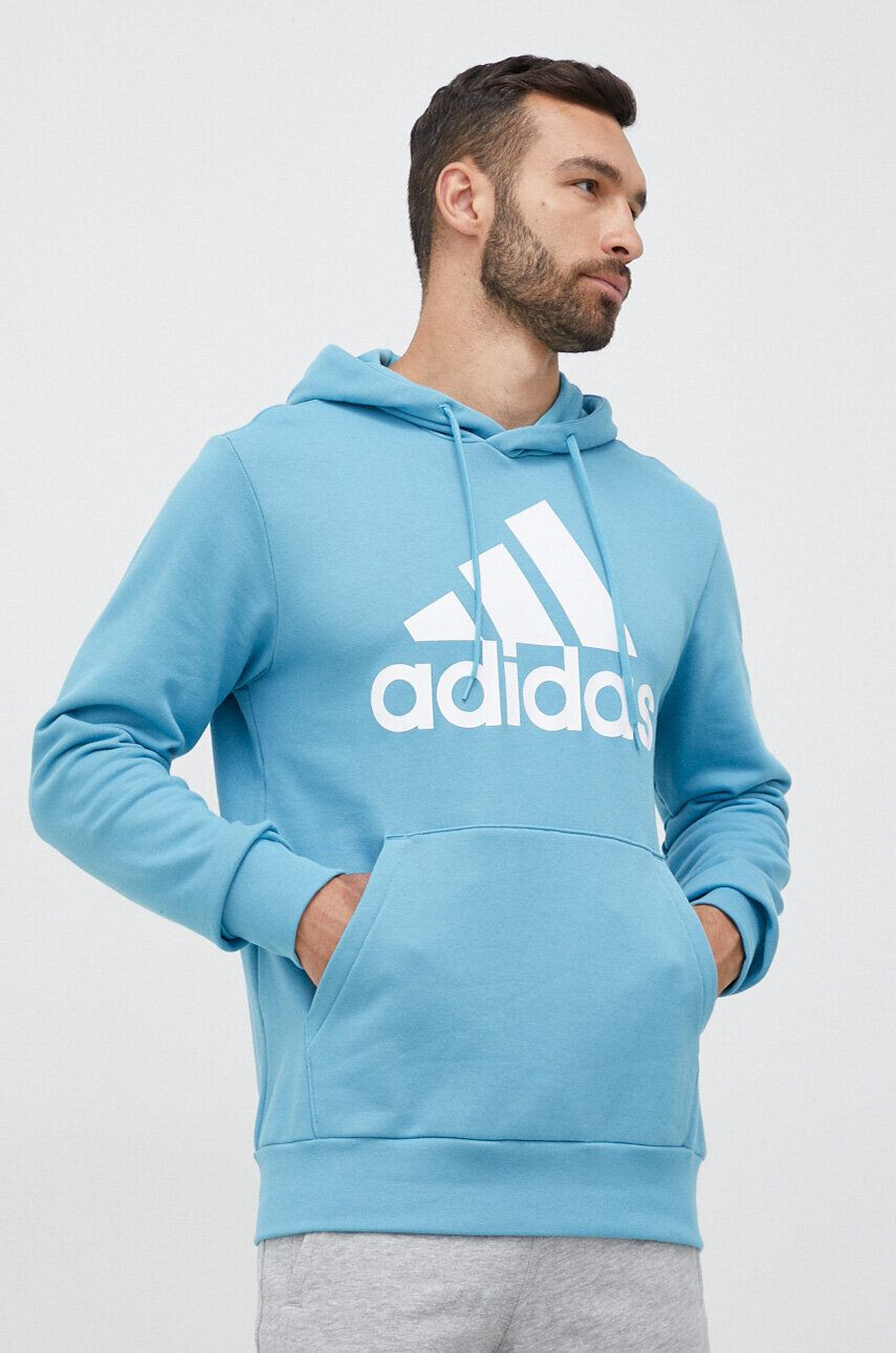 adidas Bavlněná mikina pánská tyrkysová barva s kapucí s potiskem - Pepit.cz