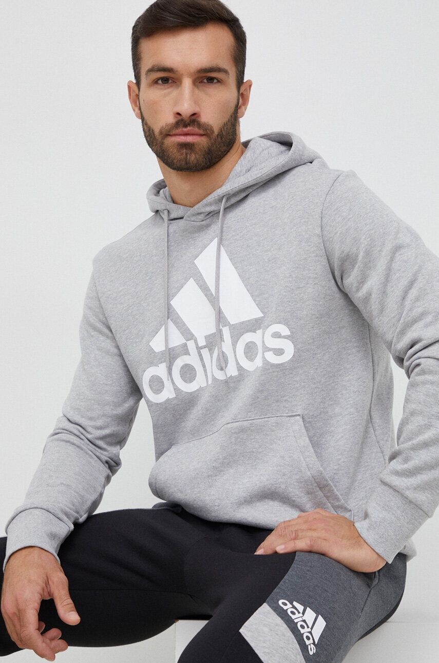 adidas Bavlněná mikina pánská šedá barva s kapucí s potiskem - Pepit.cz