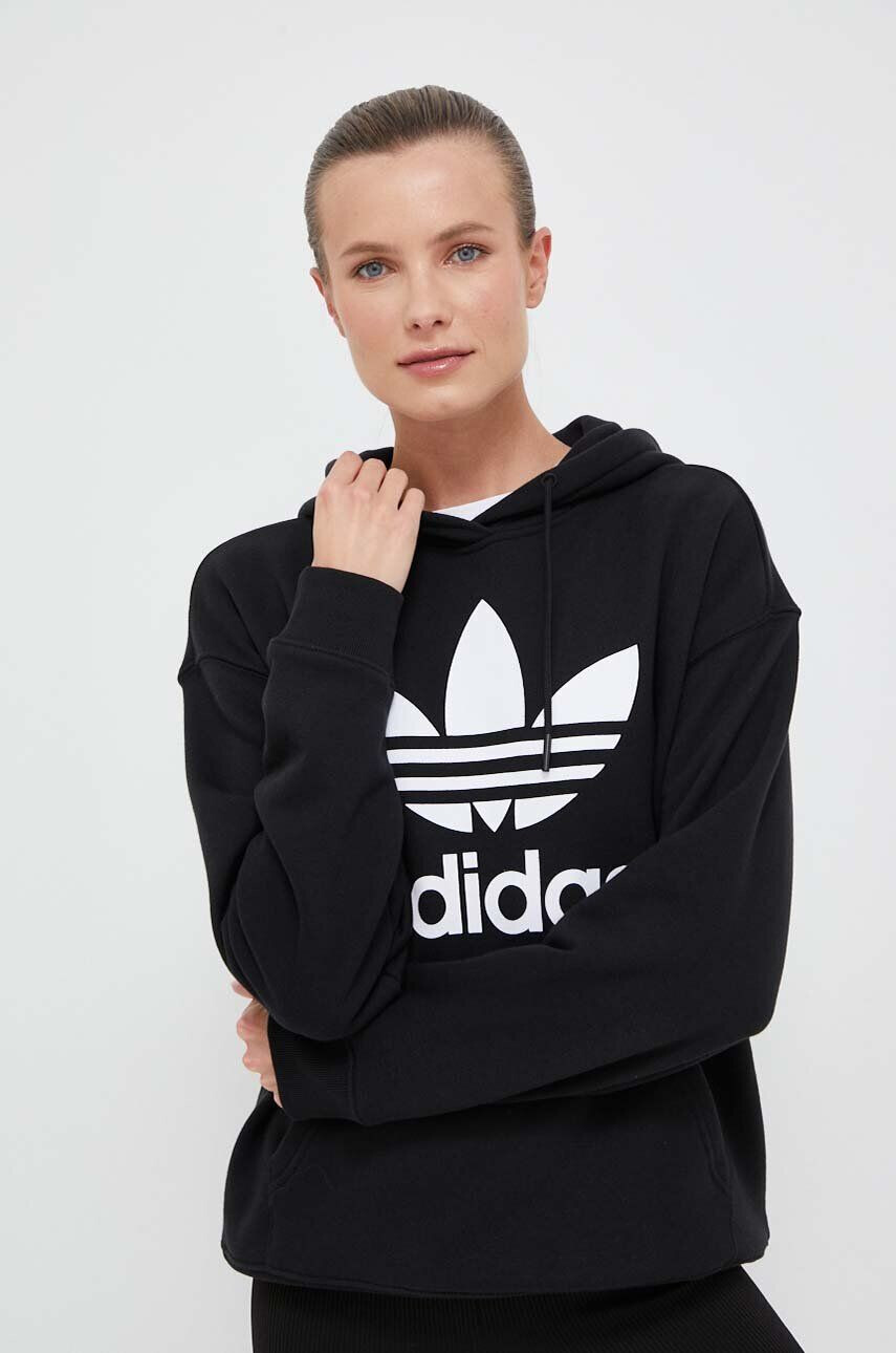 adidas Originals Bavlněná mikina dámská černá barva s kapucí s potiskem - Pepit.cz