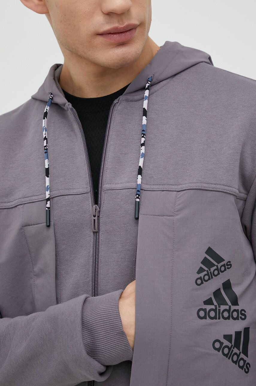 adidas Performance Tepláková mikina šedá barva s kapucí s potiskem - Pepit.cz