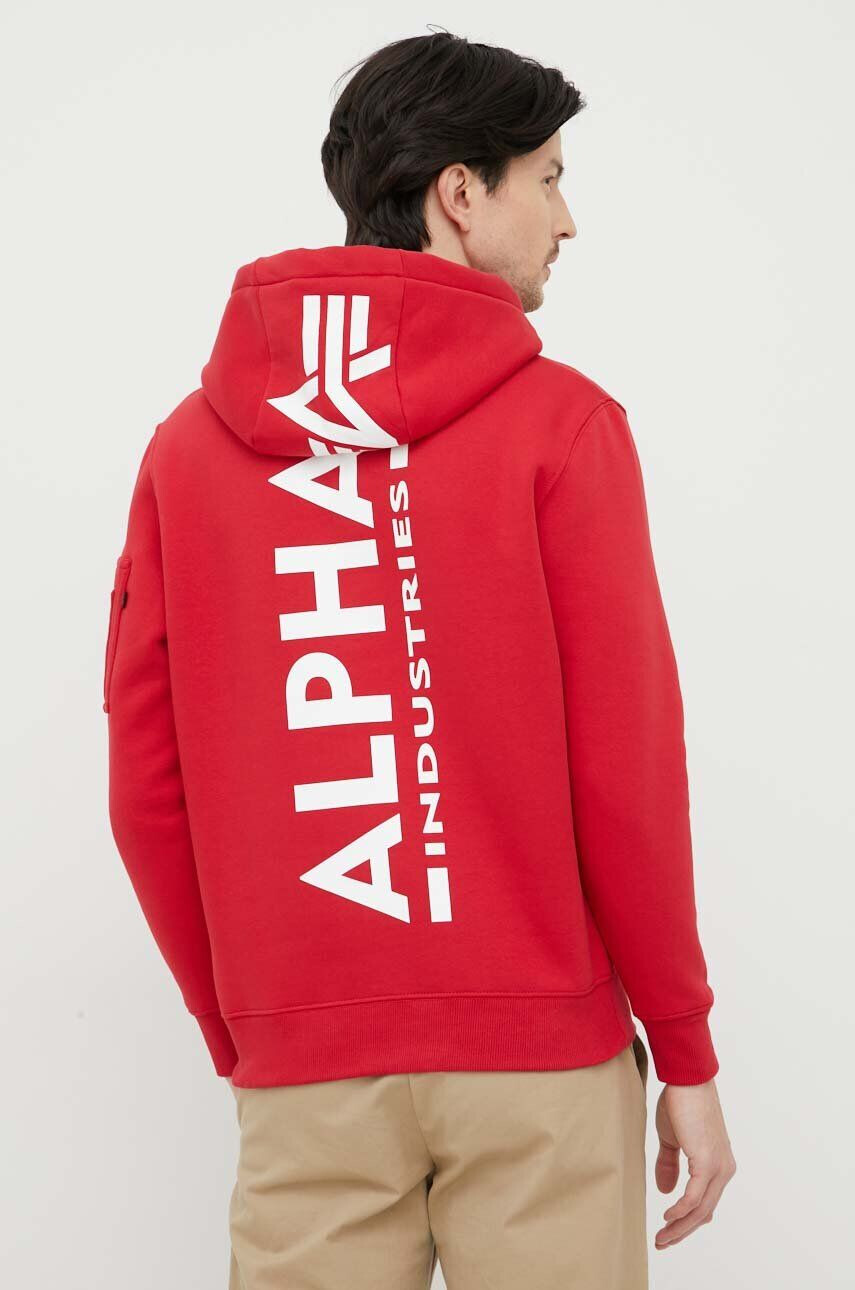 Alpha Industries Mikina pánská červená barva s kapucí s potiskem - Pepit.cz