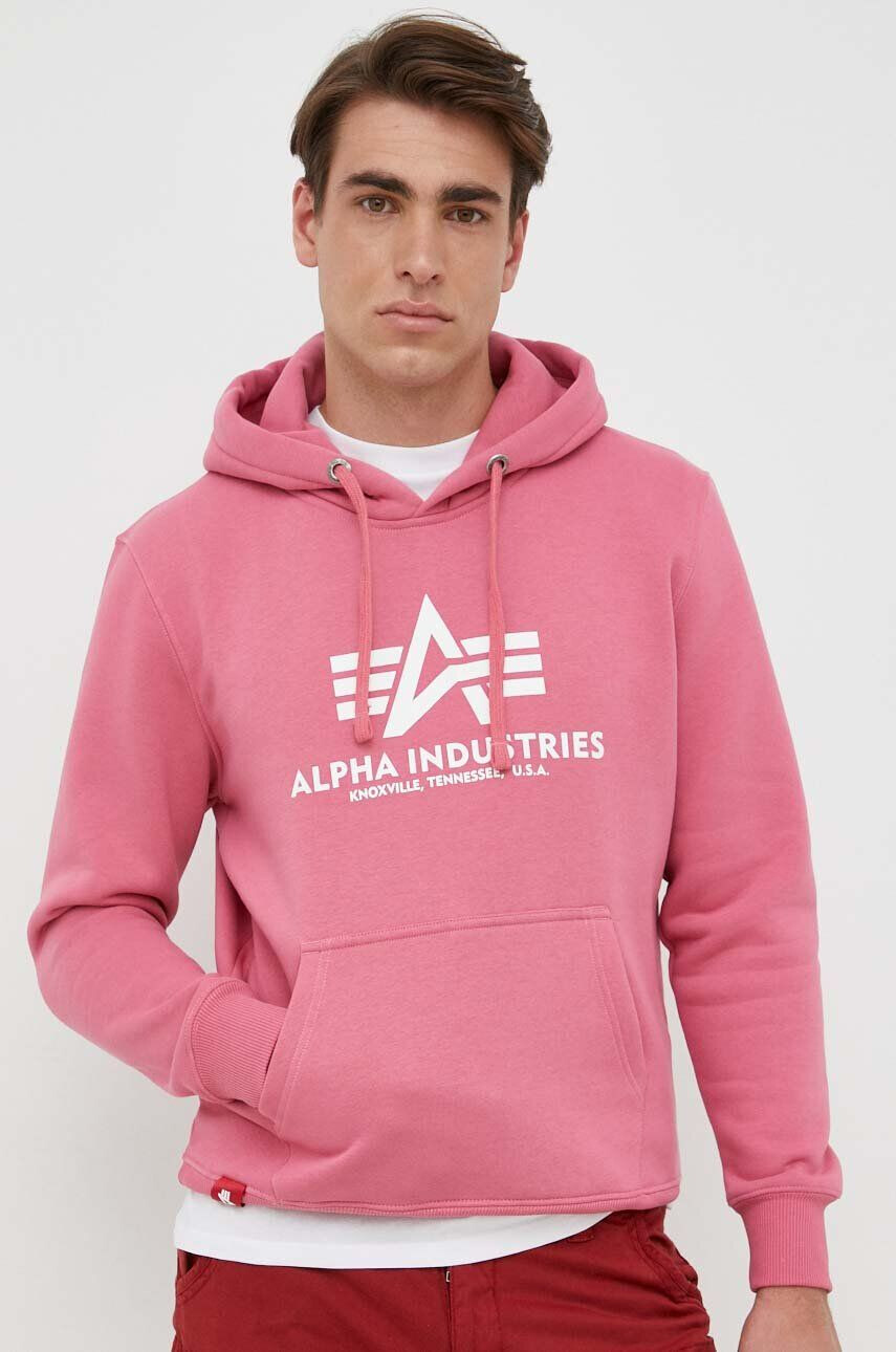 Alpha Industries Mikina pánská růžová barva s kapucí s potiskem - Pepit.cz