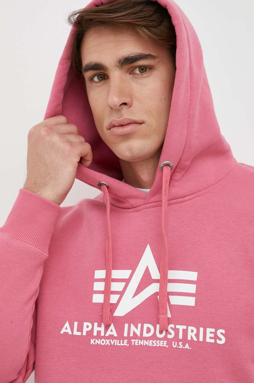 Alpha Industries Mikina pánská růžová barva s kapucí s potiskem - Pepit.cz