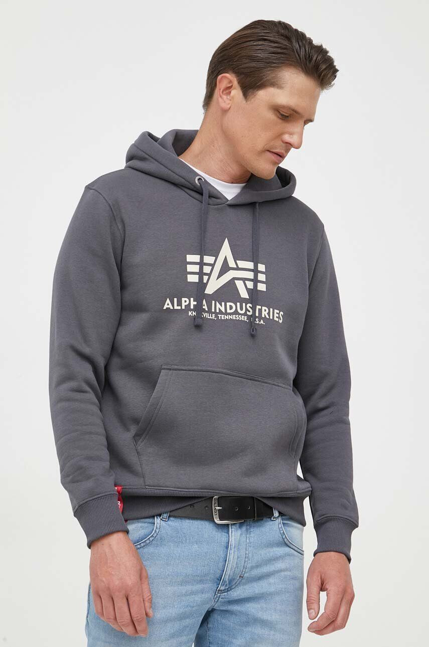 Alpha Industries Mikina Basic pánská šedá barva s kapucí s potiskem 178312.136-grey - Pepit.cz