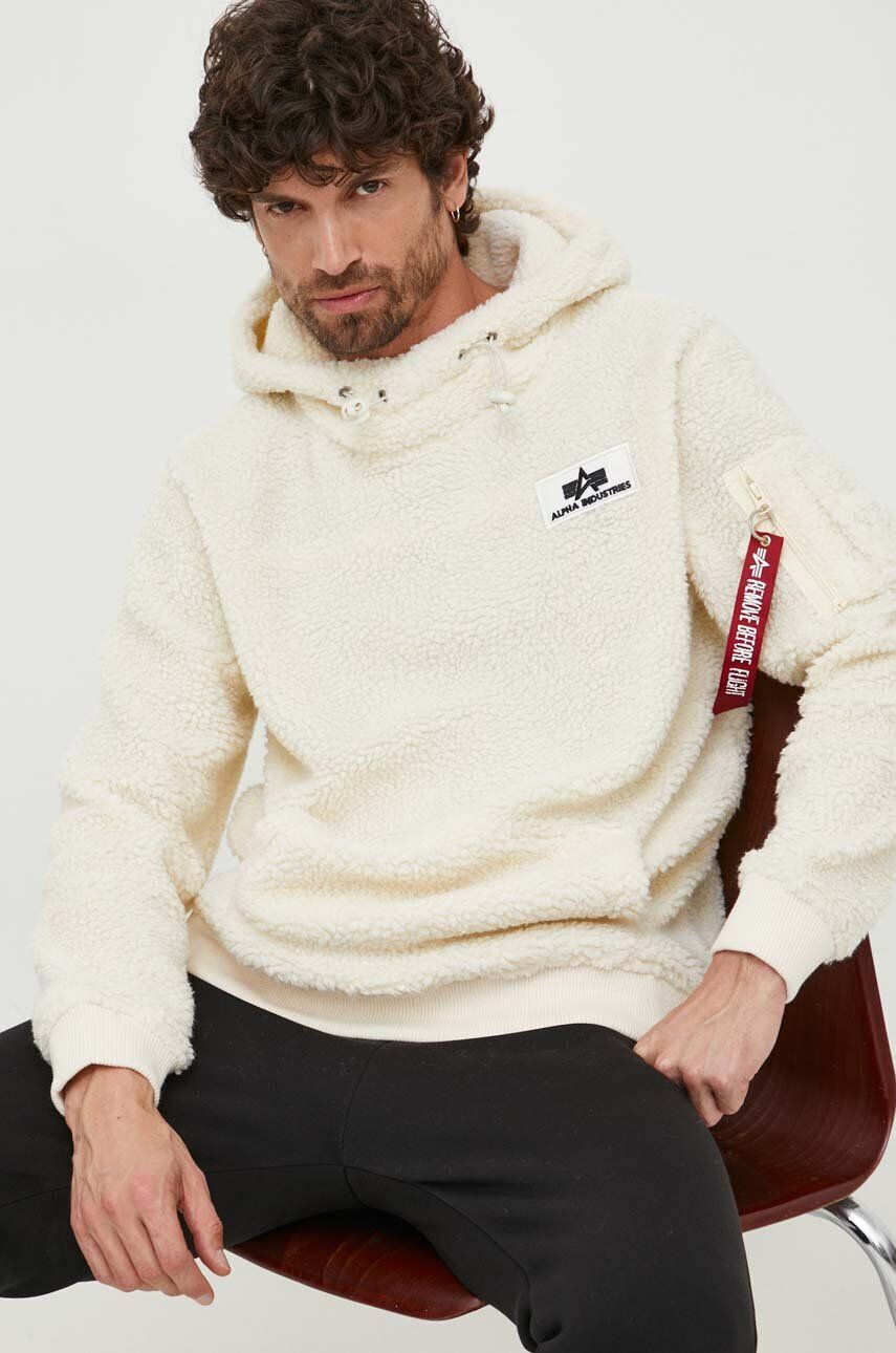 Alpha Industries Mikina Teddy Hoody pánská béžová barva s kapucí s aplikací 118330.16-cream - Pepit.cz