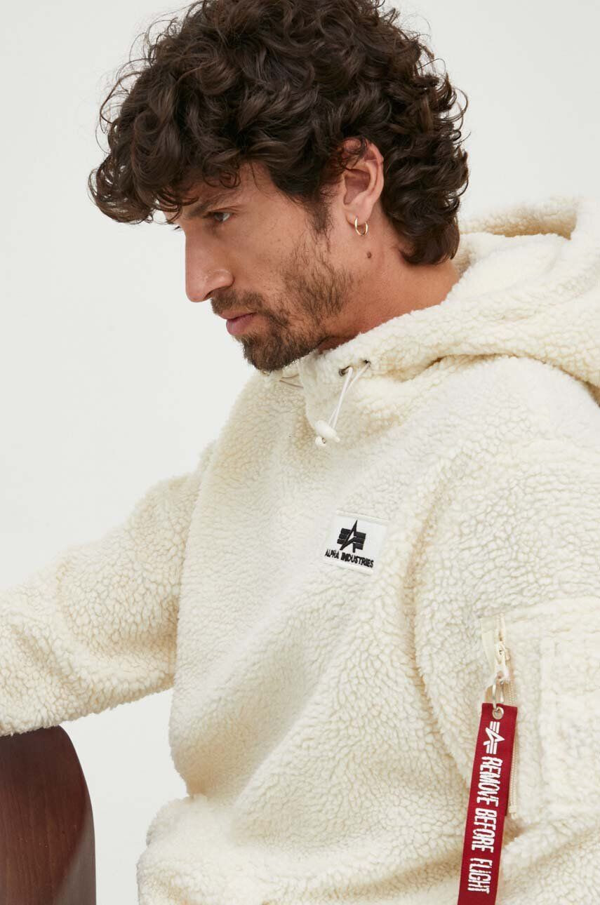 Alpha Industries Mikina Teddy Hoody pánská béžová barva s kapucí s aplikací 118330.16-cream - Pepit.cz