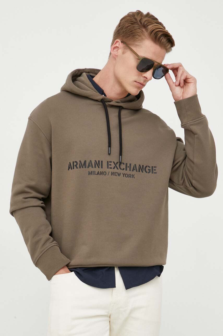 Armani Exchange Bavlněná mikina pánská zelená barva s kapucí s potiskem - Pepit.cz