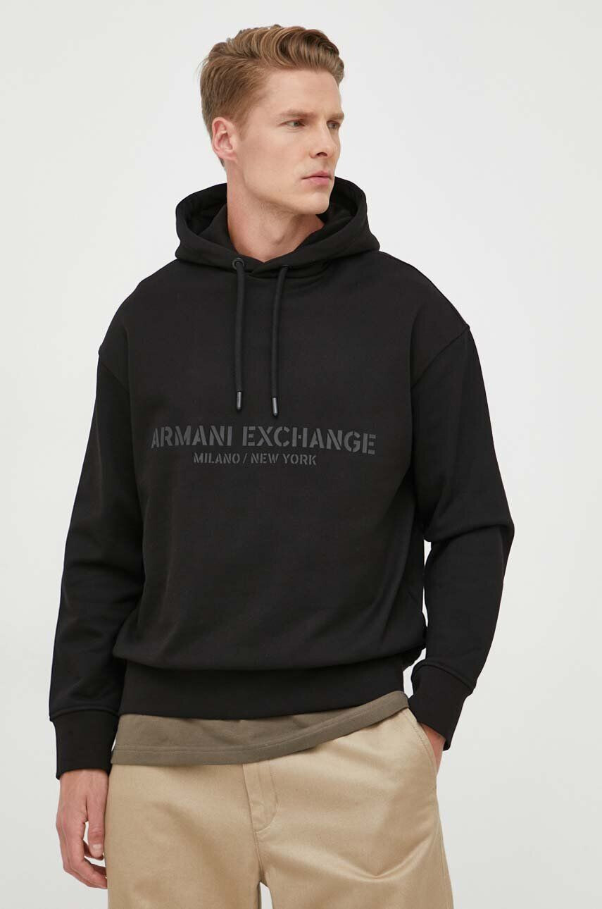 Armani Exchange Bavlněná mikina pánská černá barva s kapucí s potiskem - Pepit.cz