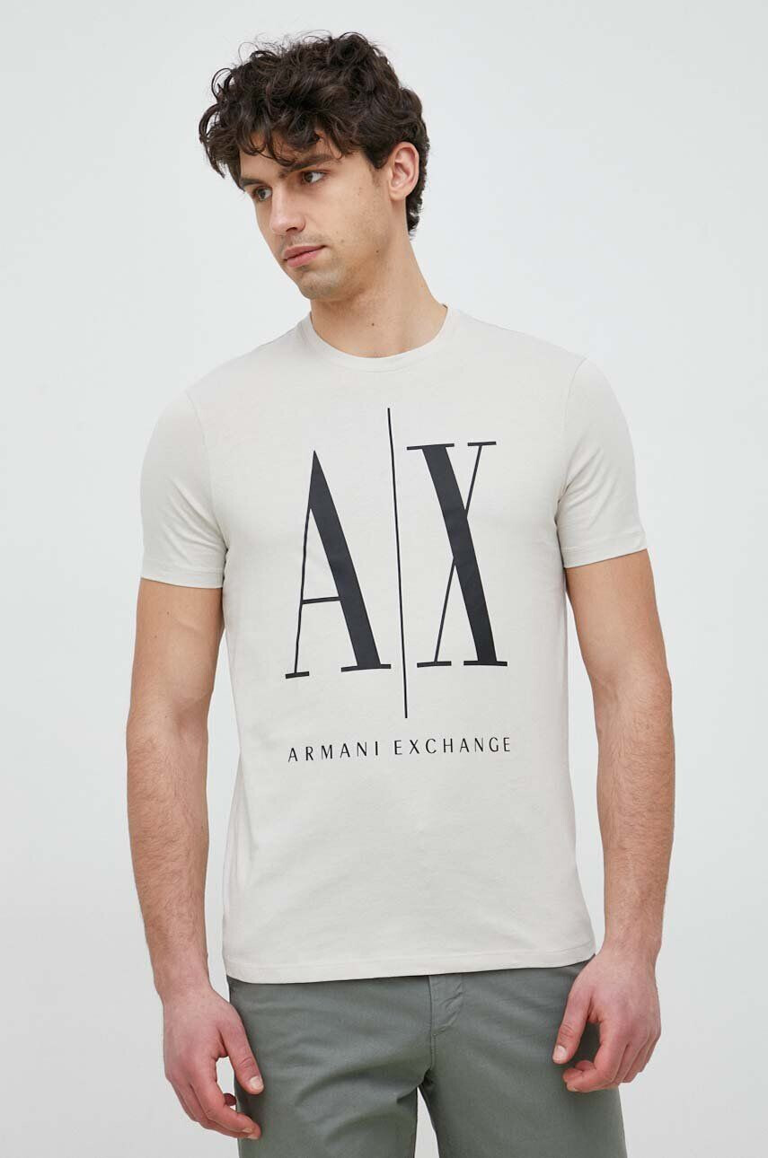 Armani Exchange Bavlněné tričko béžová barva s potiskem - Pepit.cz