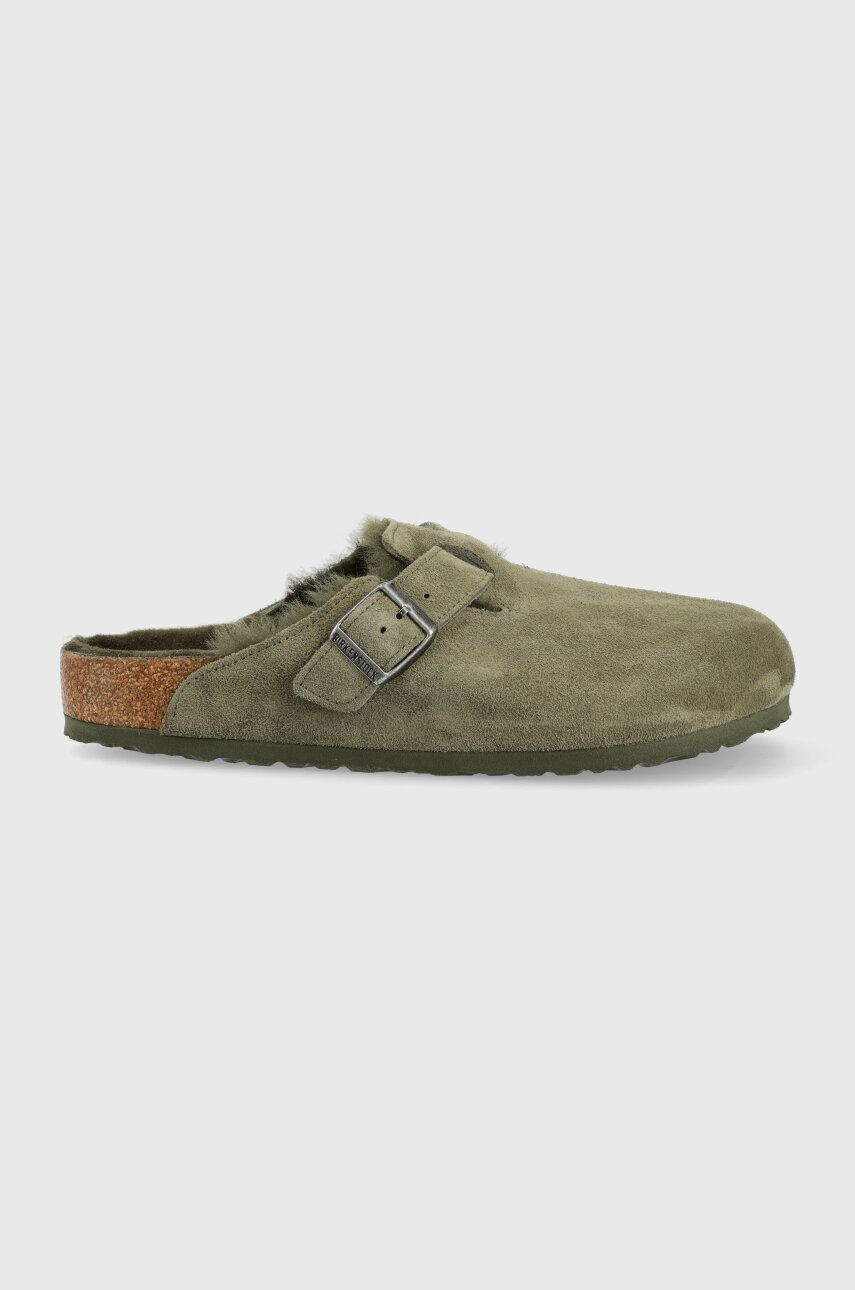 Birkenstock Semišové pantofle Boston FUR pánské zelená barva 1025686 - Pepit.cz