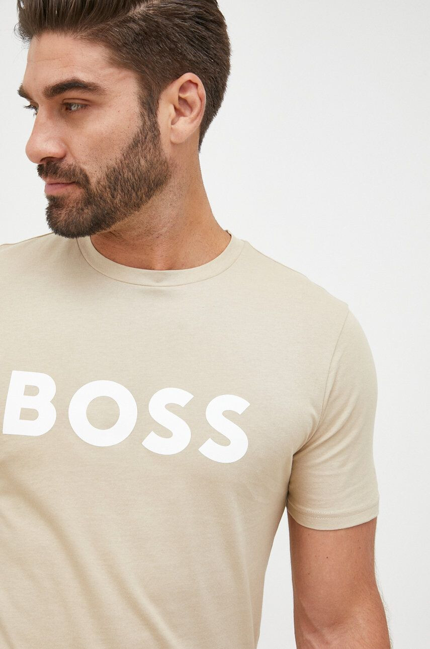 Boss Orange Bavlněné tričko BOSS BOSS CASUAL béžová barva s potiskem - Pepit.cz