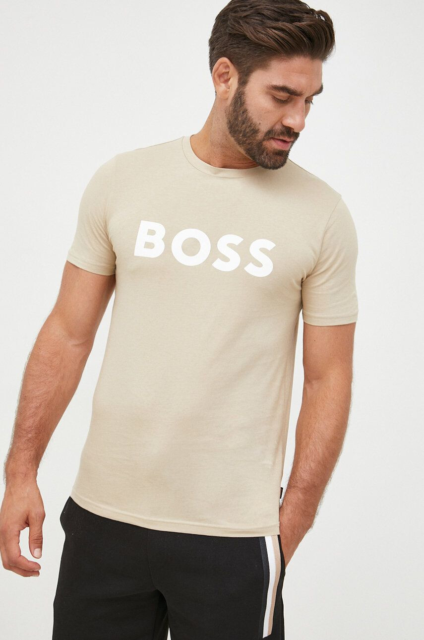 Boss Orange Bavlněné tričko BOSS BOSS CASUAL béžová barva s potiskem - Pepit.cz