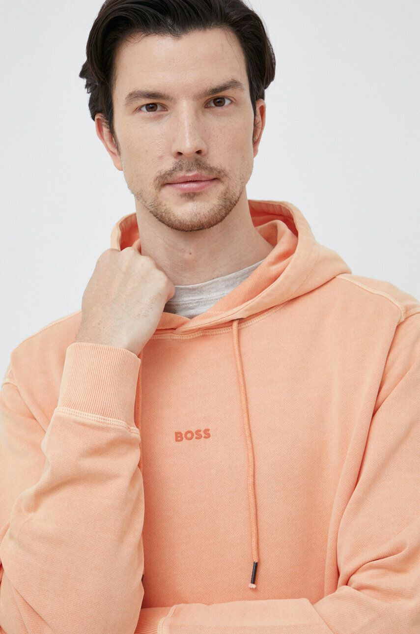 Boss Orange Bavlněná mikina BOSS BOSS CASUAL pánská oranžová barva s kapucí hladká - Pepit.cz