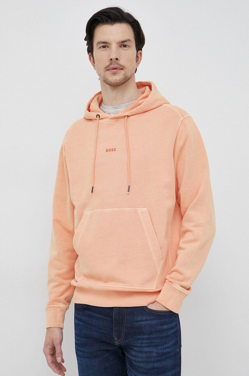 Boss Orange Bavlněná mikina BOSS BOSS CASUAL pánská oranžová barva s kapucí hladká - Pepit.cz