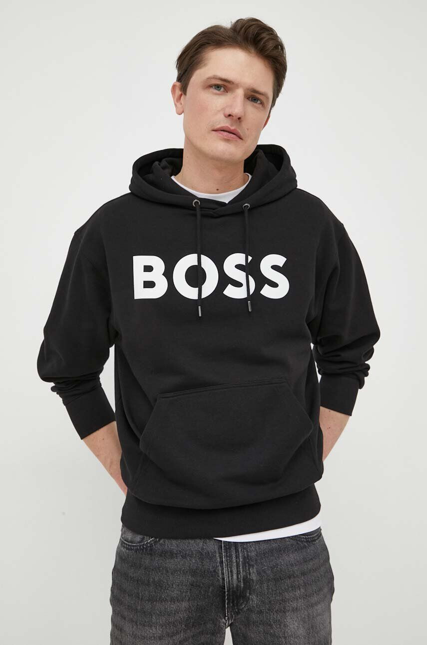 Boss Orange Bavlněná mikina BOSS pánská černá barva s potiskem - Pepit.cz