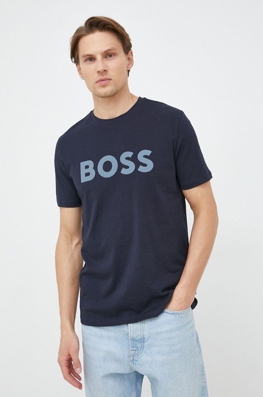 Boss Orange Bavlněné tričko BOSS BOSS CASUAL tmavomodrá barva s potiskem - Pepit.cz