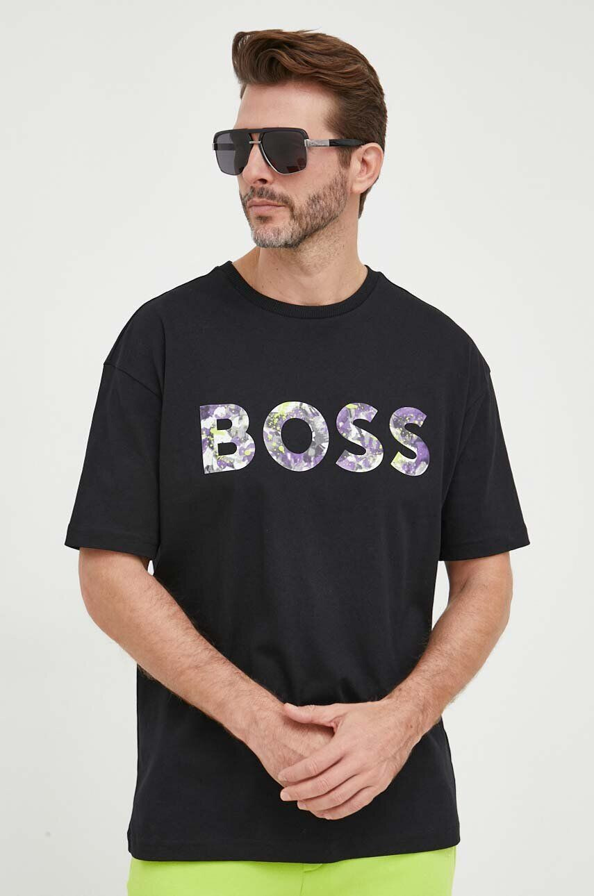 Boss Green Bavlněné tričko BOSS černá barva s potiskem - Pepit.cz