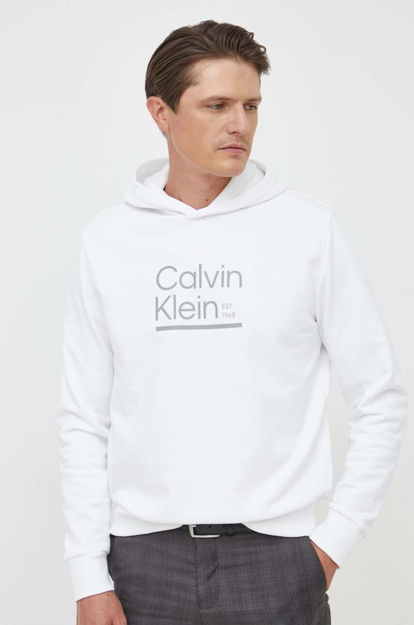 Calvin Klein Bavlněná mikina pánská bílá barva s kapucí s potiskem - Pepit.cz