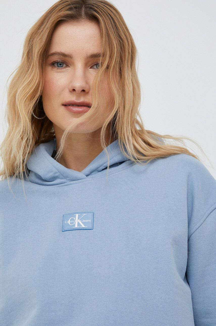 Calvin Klein Jeans Bavlněná mikina dámská fialová barva s kapucí s potiskem - Pepit.cz