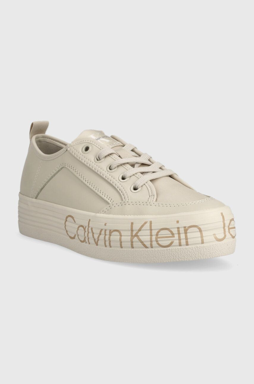 Calvin Klein Jeans Kožené sneakers boty Yw0yw01025 Vulc Flatf Low Wrap Around Logo béžová barva - Pepit.cz