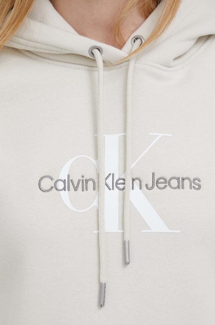 Calvin Klein Jeans Mikina dámská béžová barva s kapucí s potiskem - Pepit.cz