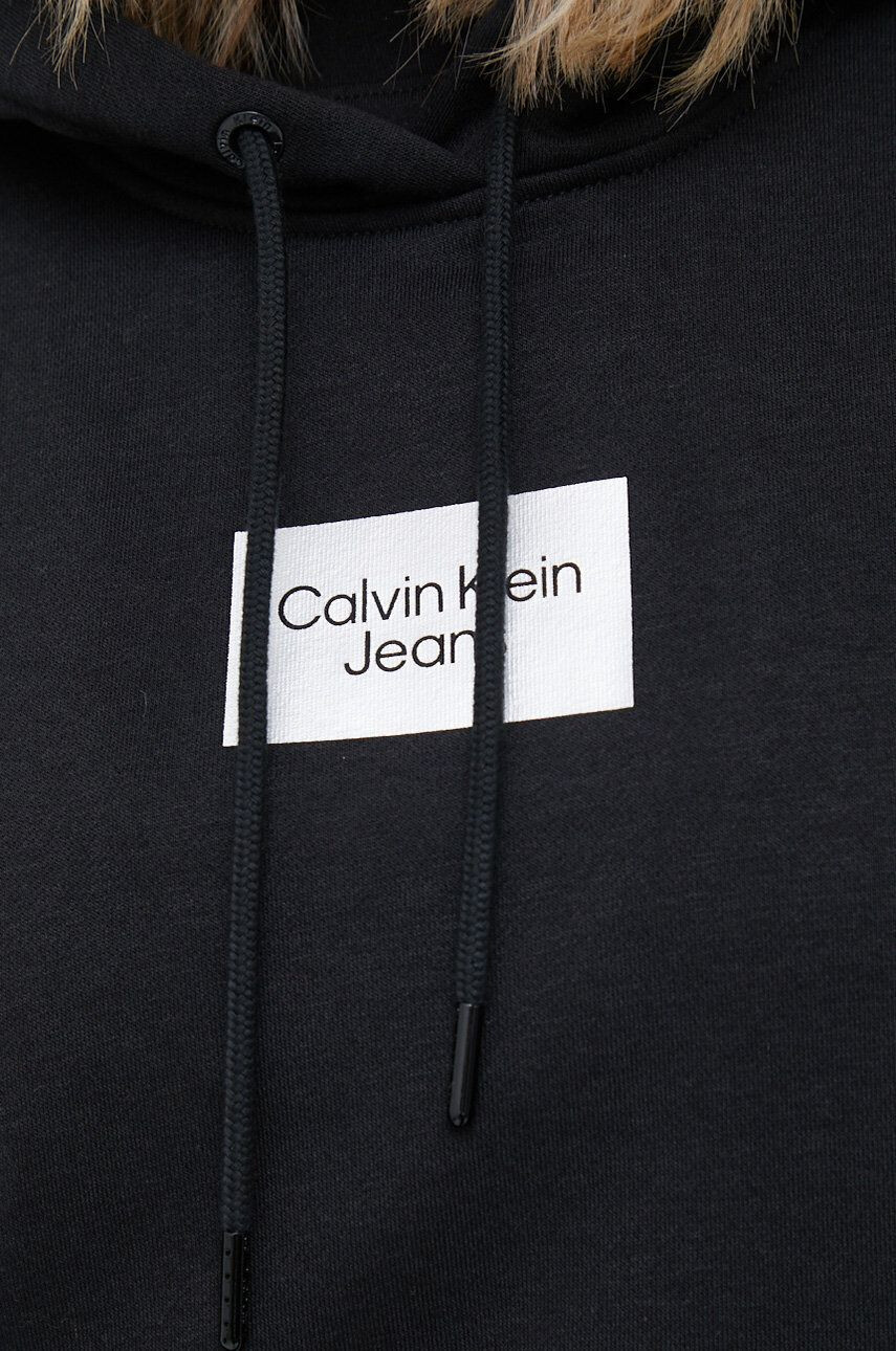 Calvin Klein Jeans Mikina dámská černá barva s kapucí s potiskem - Pepit.cz