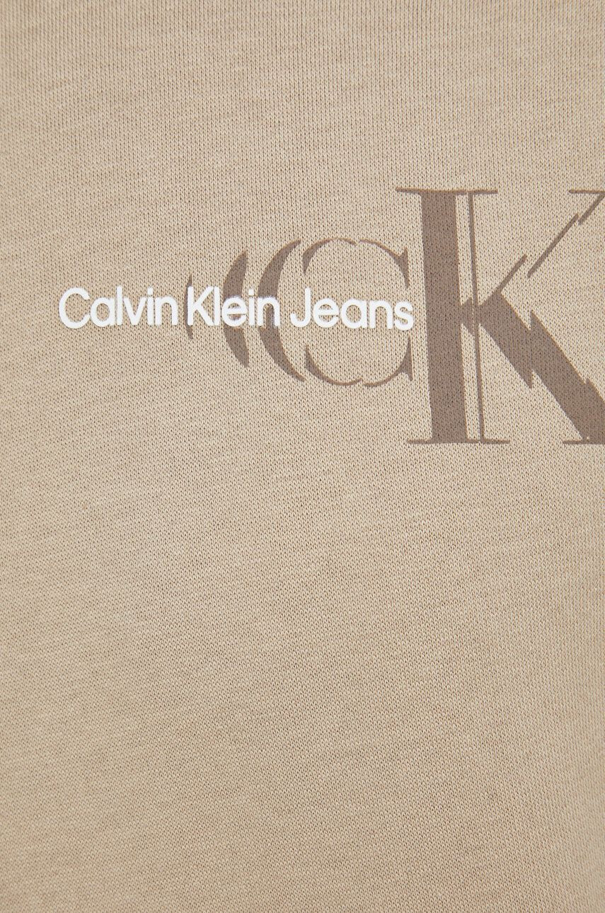 Calvin Klein Jeans Mikina pánská béžová barva s kapucí s potiskem - Pepit.cz