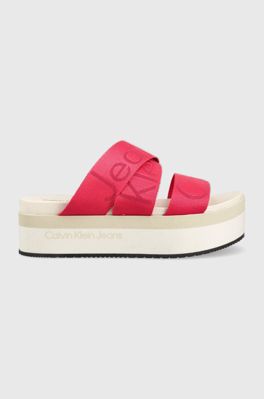 Calvin Klein Jeans Pantofle FLATFORM SANDAL WEBBING dámské béžová barva na platformě YW0YW00966 - Pepit.cz