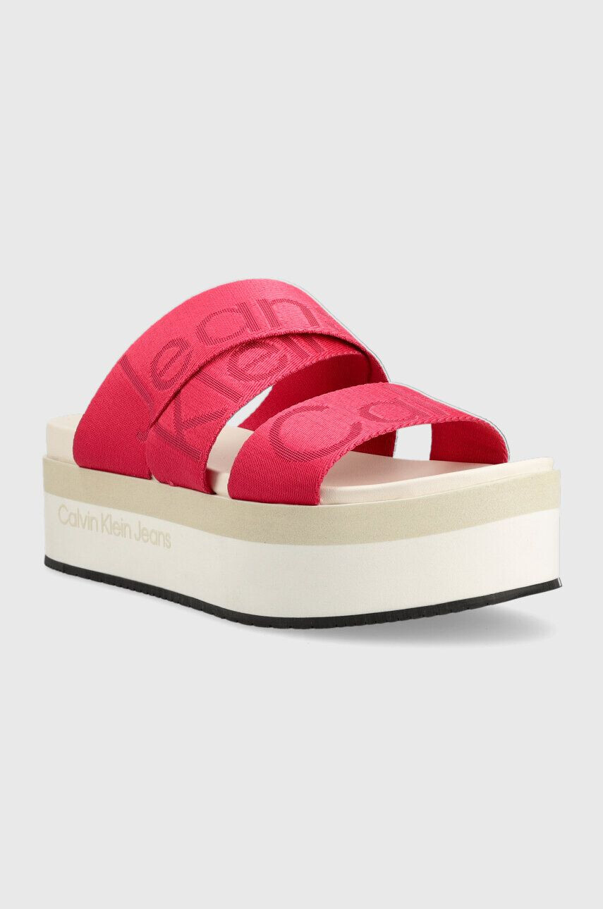 Calvin Klein Jeans Pantofle FLATFORM SANDAL WEBBING dámské béžová barva na platformě YW0YW00966 - Pepit.cz