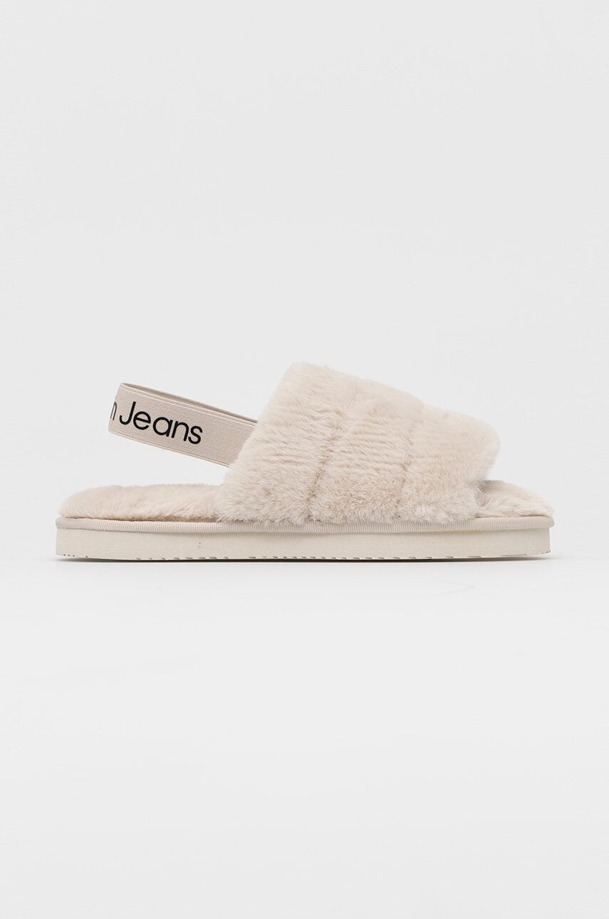 Calvin Klein Jeans Pantofle Home Slipper Fakefur Elastic béžová barva - Pepit.cz