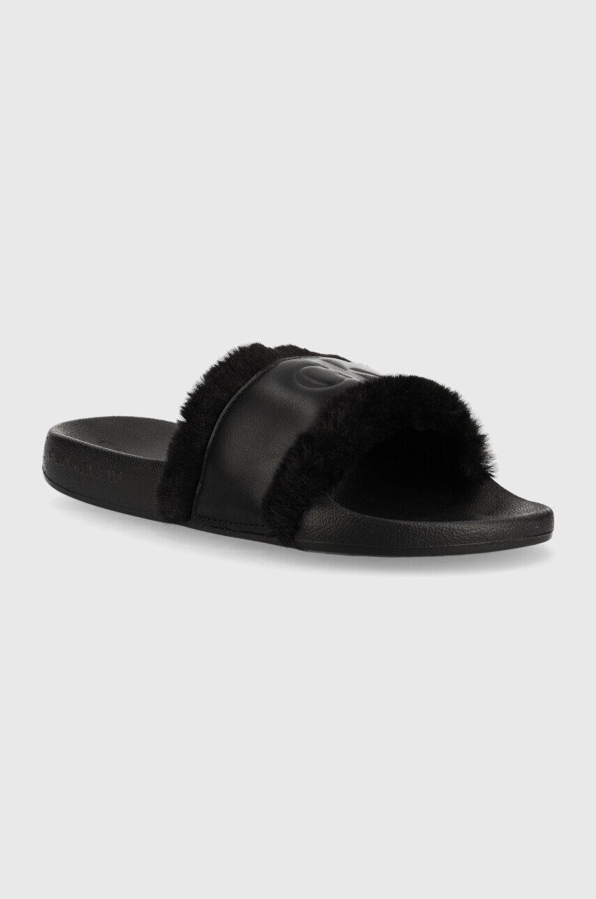 Calvin Klein Jeans Pantofle Slide W/fake Fur černá barva - Pepit.cz