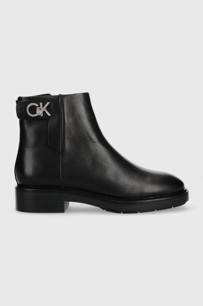 Calvin Klein Kožené kotníkové boty Rubber Sole Ankle Boot dámské černá barva na plochém podpatku - Pepit.cz