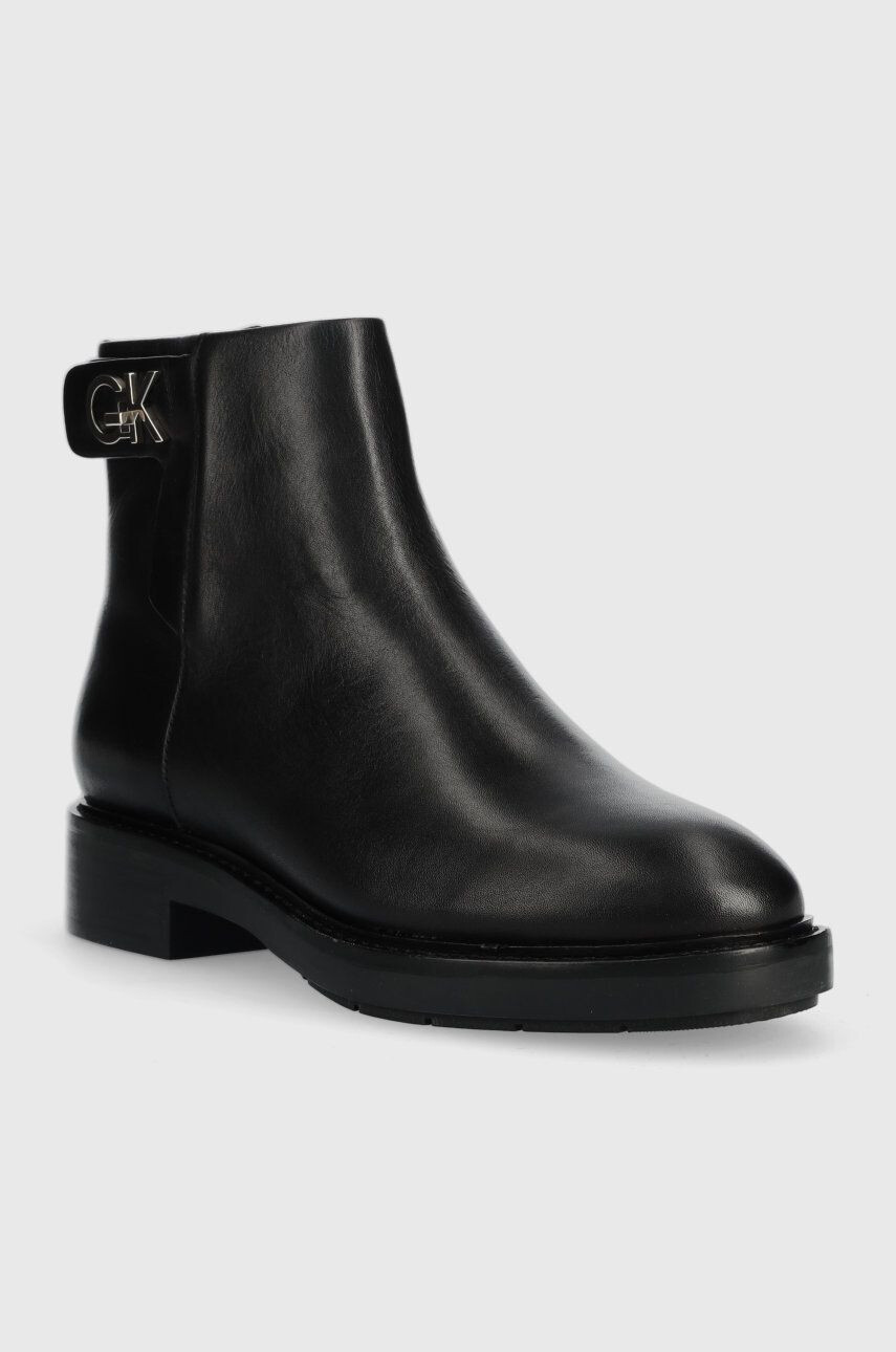 Calvin Klein Kožené kotníkové boty Rubber Sole Ankle Boot dámské černá barva na plochém podpatku - Pepit.cz