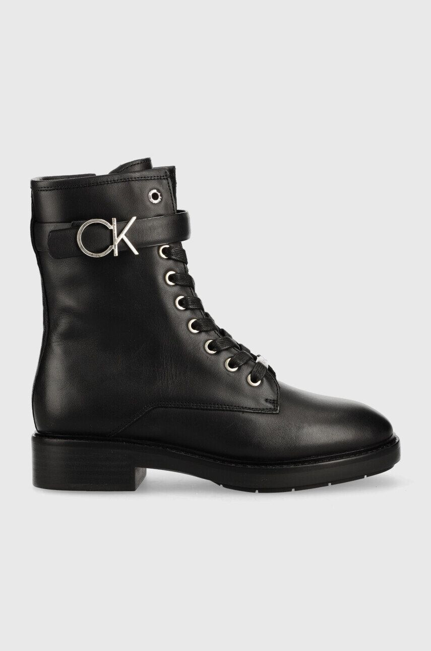 Calvin Klein Kožené kotníkové boty Rubber Sole Combat Boot dámské černá barva na plochém podpatku - Pepit.cz