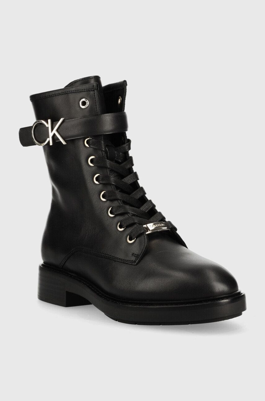 Calvin Klein Kožené kotníkové boty Rubber Sole Combat Boot dámské černá barva na plochém podpatku - Pepit.cz