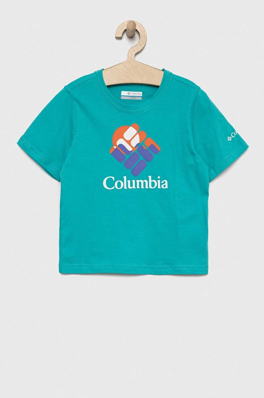 Columbia Dětské bavlněné tričko Valley Creek Short Sleeve Graphic Shirt tyrkysová barva s potiskem - Pepit.cz