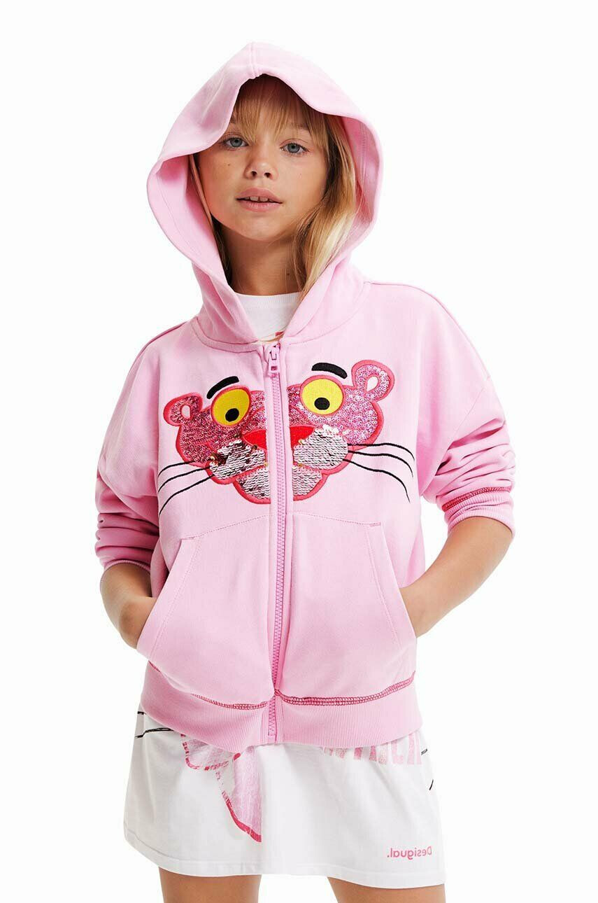 Desigual Dětská bavlněná mikina Pink Panther růžová barva s kapucí s aplikací - Pepit.cz