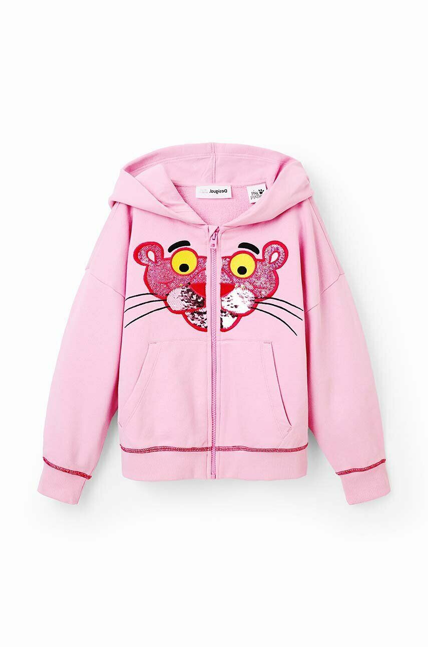 Desigual Dětská bavlněná mikina Pink Panther růžová barva s kapucí s aplikací - Pepit.cz