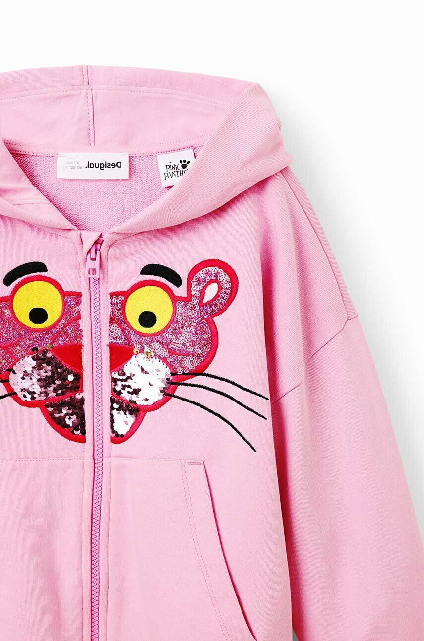 Desigual Dětská bavlněná mikina Pink Panther růžová barva s kapucí s aplikací - Pepit.cz