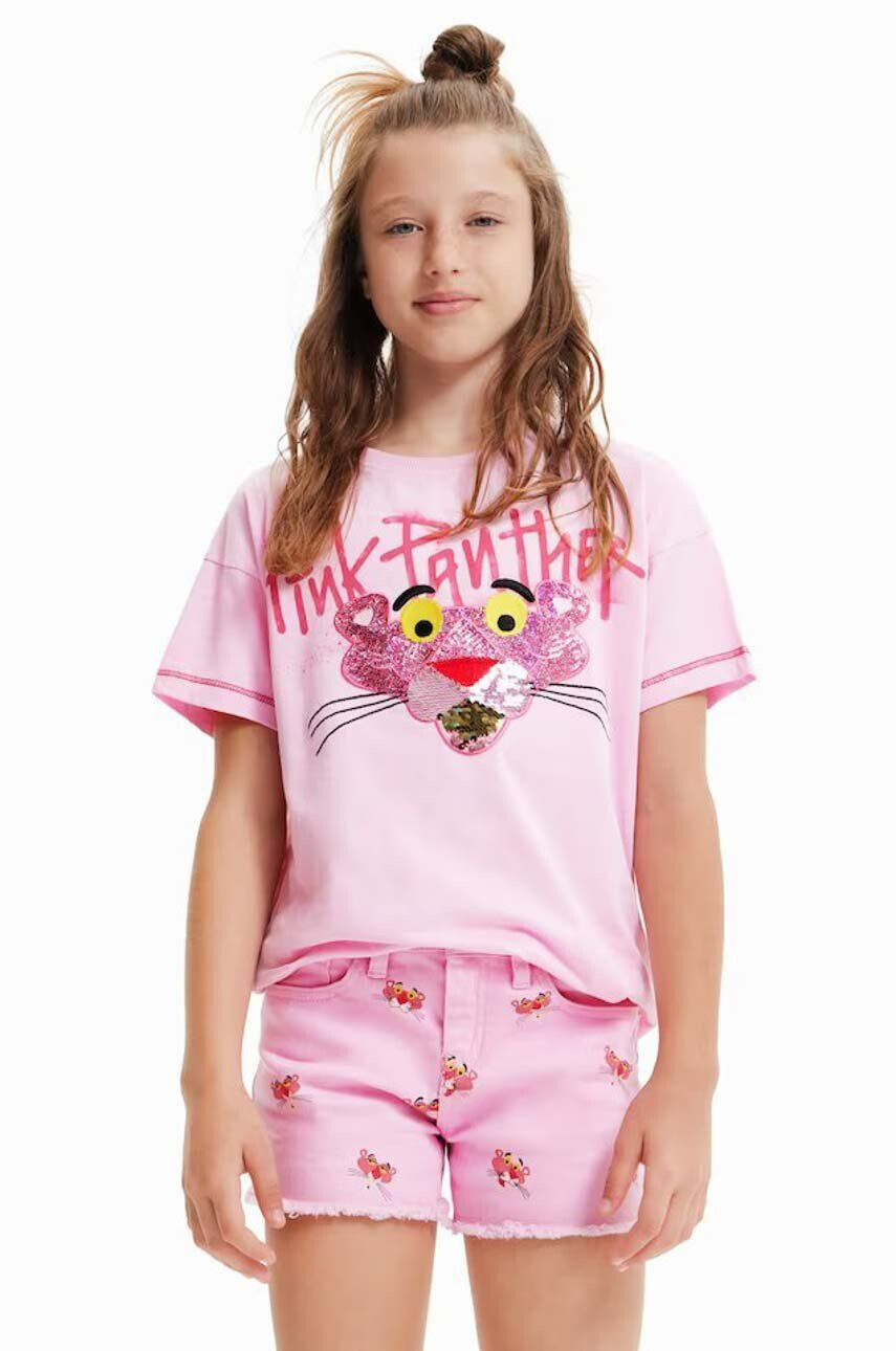 Desigual Dětské bavlněné tričko Pink Panther růžová barva - Pepit.cz