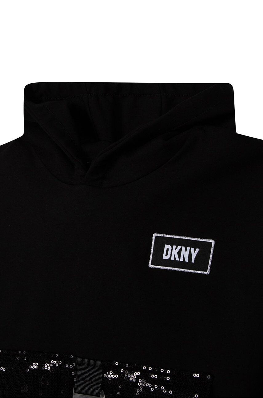 DKNY Dětská mikina černá barva s kapucí s aplikací - Pepit.cz