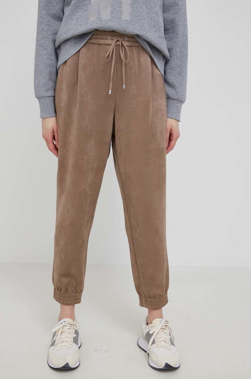 DKNY Kalhoty dámské hnědá barva jogger high waist - Pepit.cz