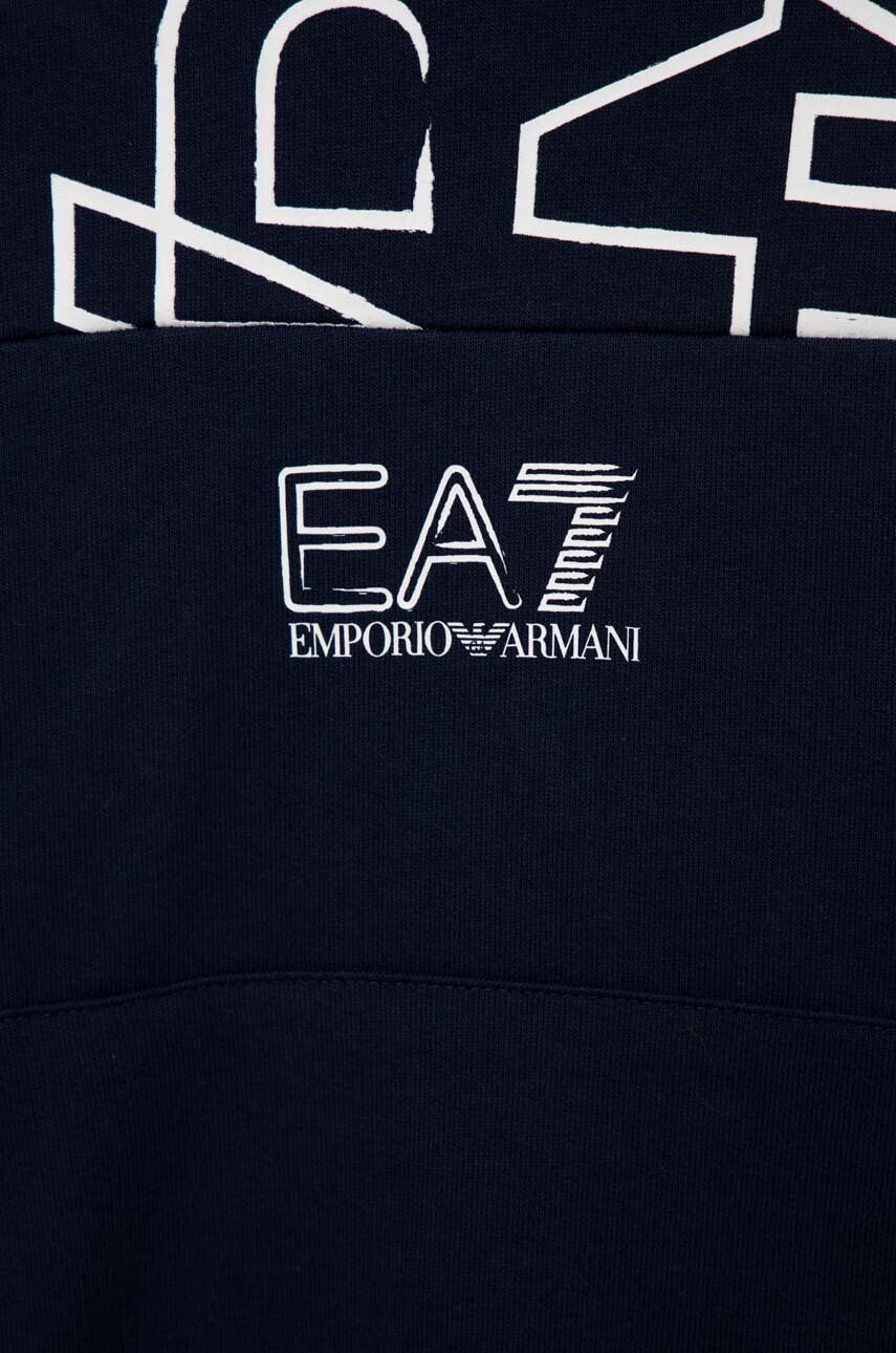 EA7 Emporio Armani Dětská bavlněná halenka tmavomodrá barva s kapucí s potiskem - Pepit.cz