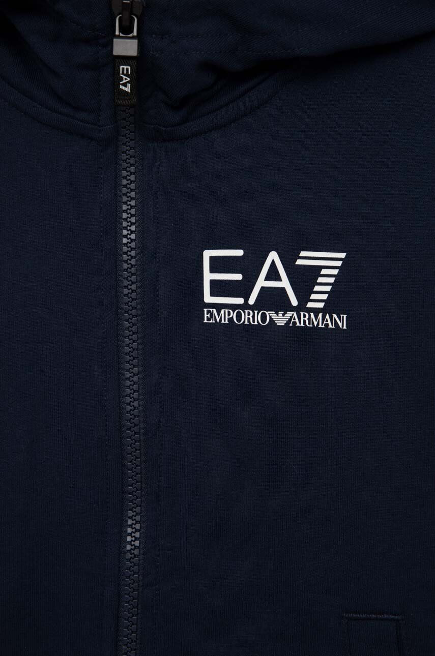 EA7 Emporio Armani Dětská bavlněná mikina tmavomodrá barva s kapucí s potiskem - Pepit.cz