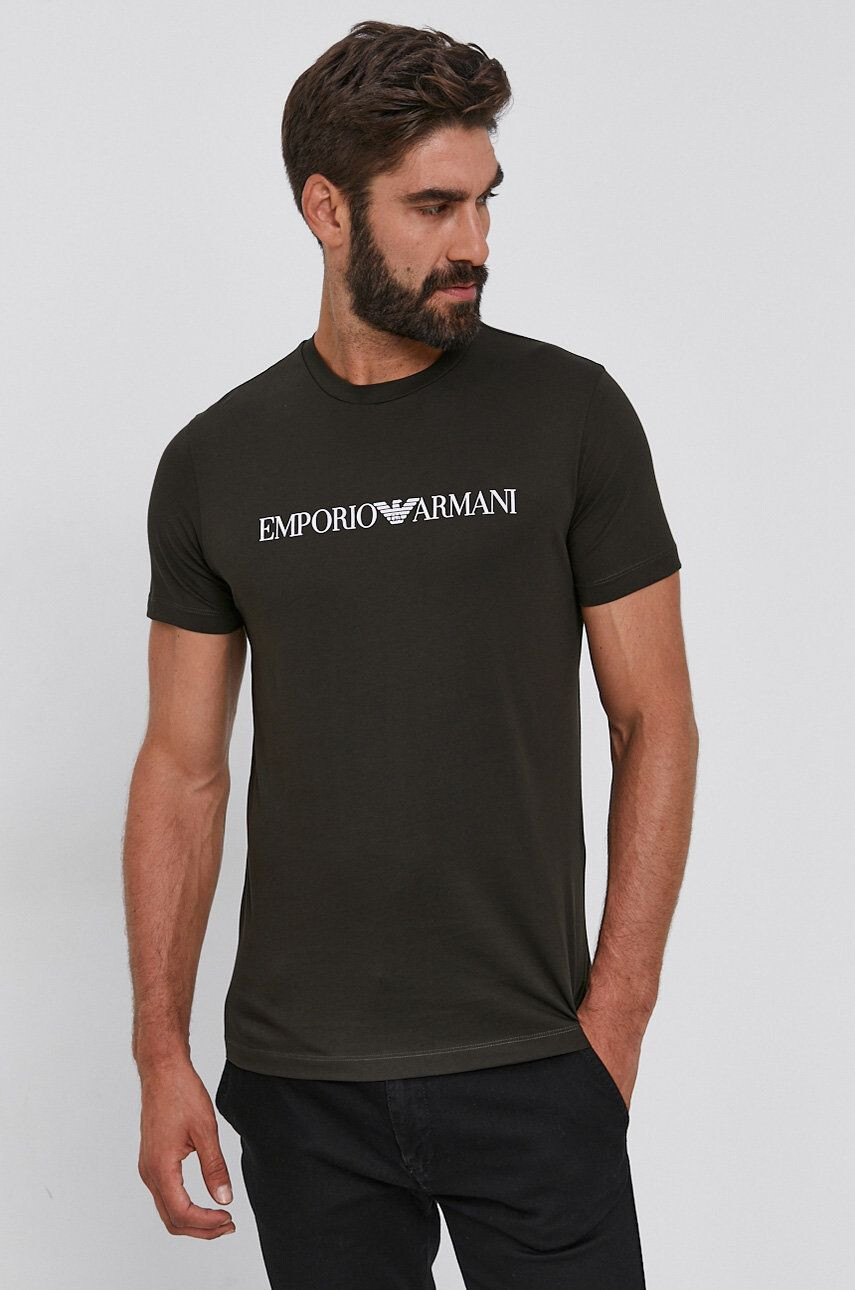 Emporio Armani Bavlněné tričko zelená barva s potiskem - Pepit.cz