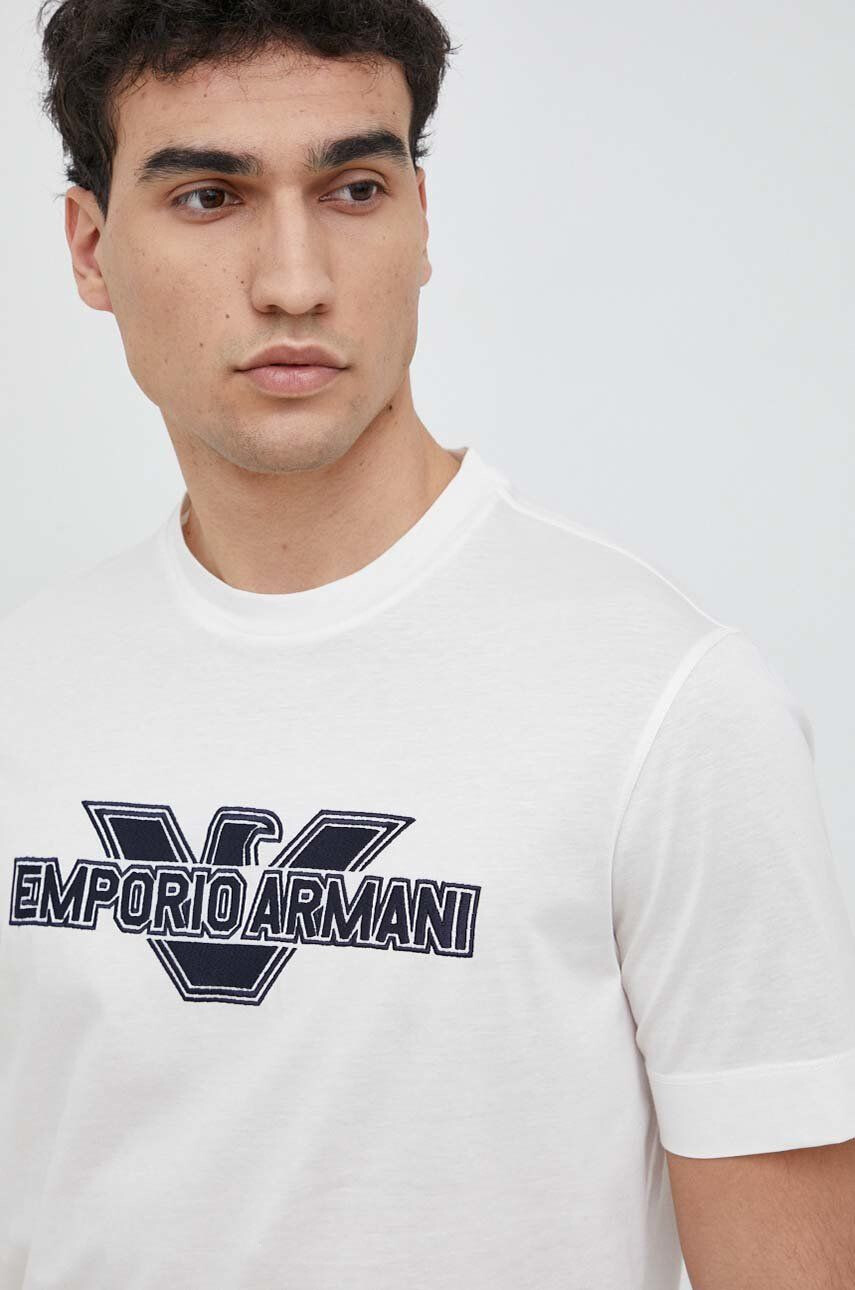 Emporio Armani Bavlněné tričko béžová barva s aplikací - Pepit.cz