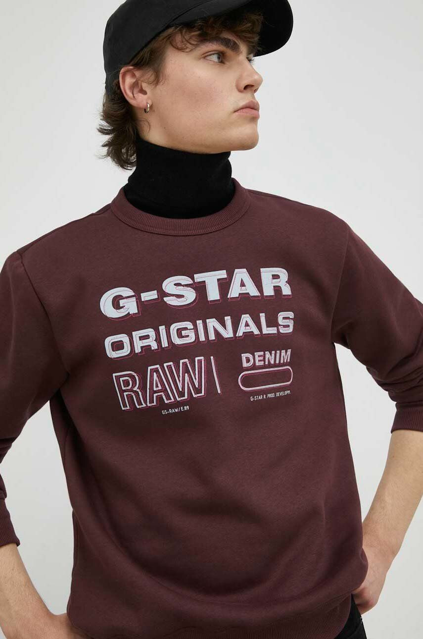 G-Star Raw Mikina pánská vínová barva s potiskem - Pepit.cz