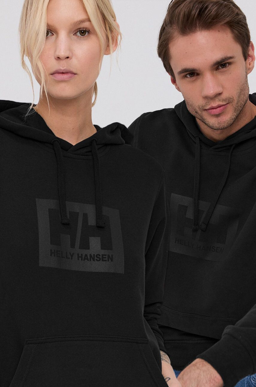 Helly Hansen Bavlněná mikina černá barva s kapucí s potiskem - Pepit.cz